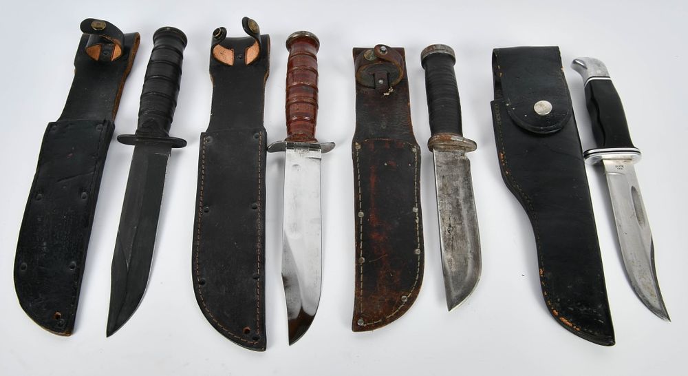 Lot 1591: 4 Fixed Blade Vintage Fighting Knives W/ Sheaths