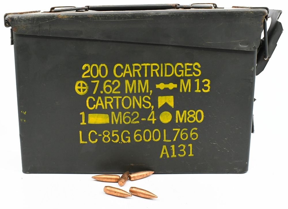 Lot 1599: Metal Ammo Can Full Of .30 Cal Reloading Bullet