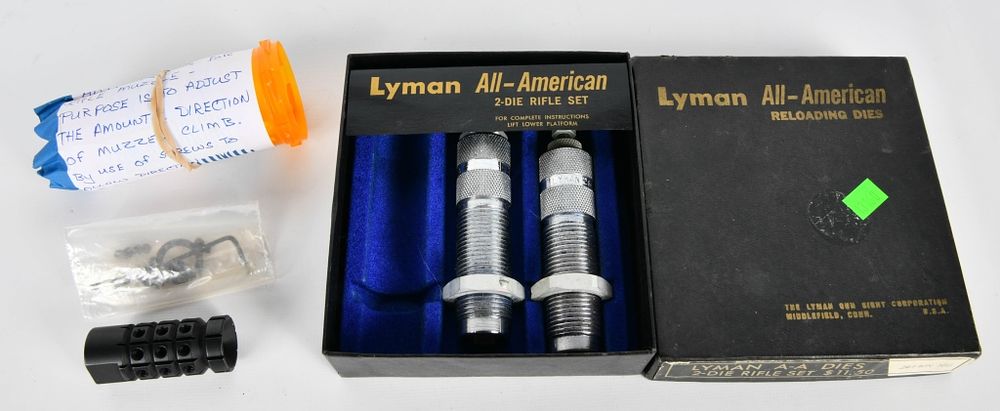 Lot 172: Lyman .269 win mag dies & adj compensator for Rifl