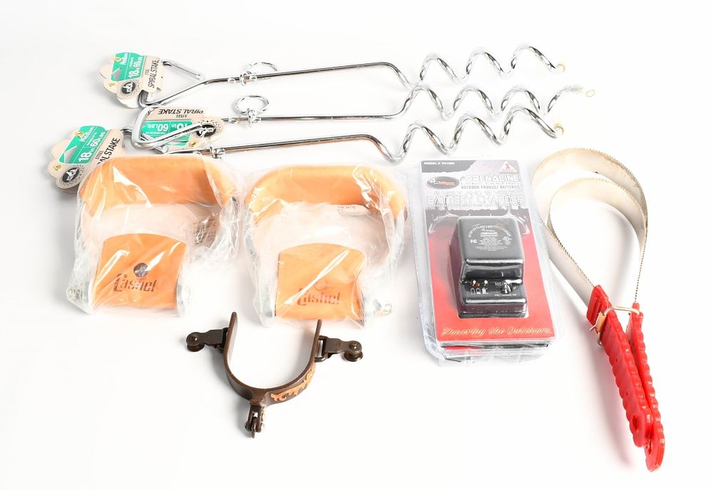 Lot 322: Aluminum Stirrups, spurs, spiral stake, Horse brus