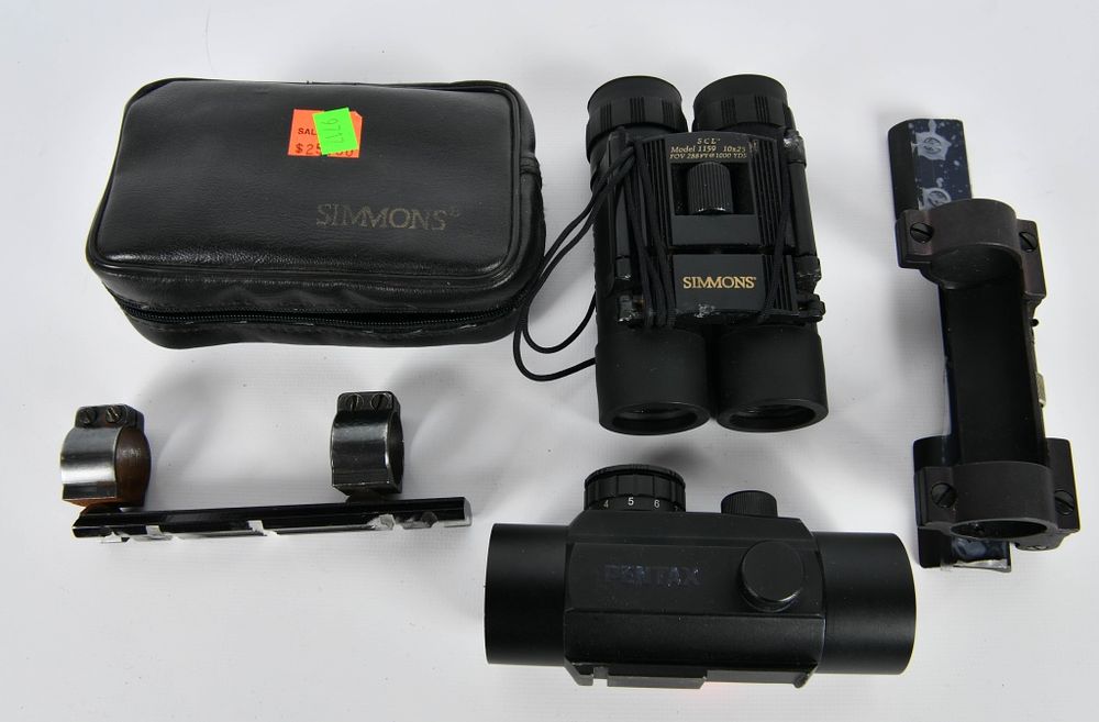 Lot 326: Simmons Binoculars, Red Dot , & 2 Scope Mounts
