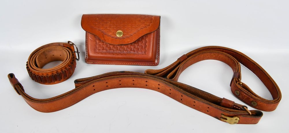Lot 386: 2 Leather Slings, 1 Belt & 1 Ammo Pouch