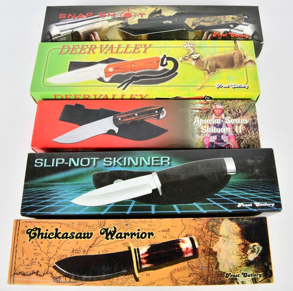Lot 467: 5 New In the Box Fixed Blade Knives W/ Sheaths