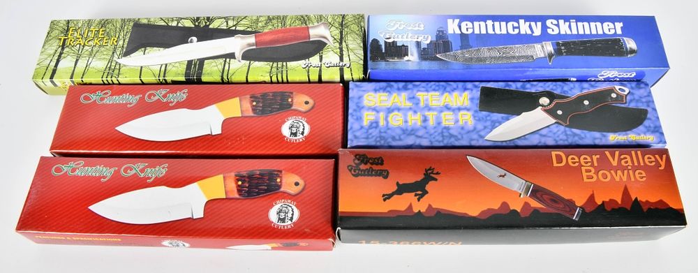 Lot 497: 6 Large Size New in the Box Fixed Blade Knives