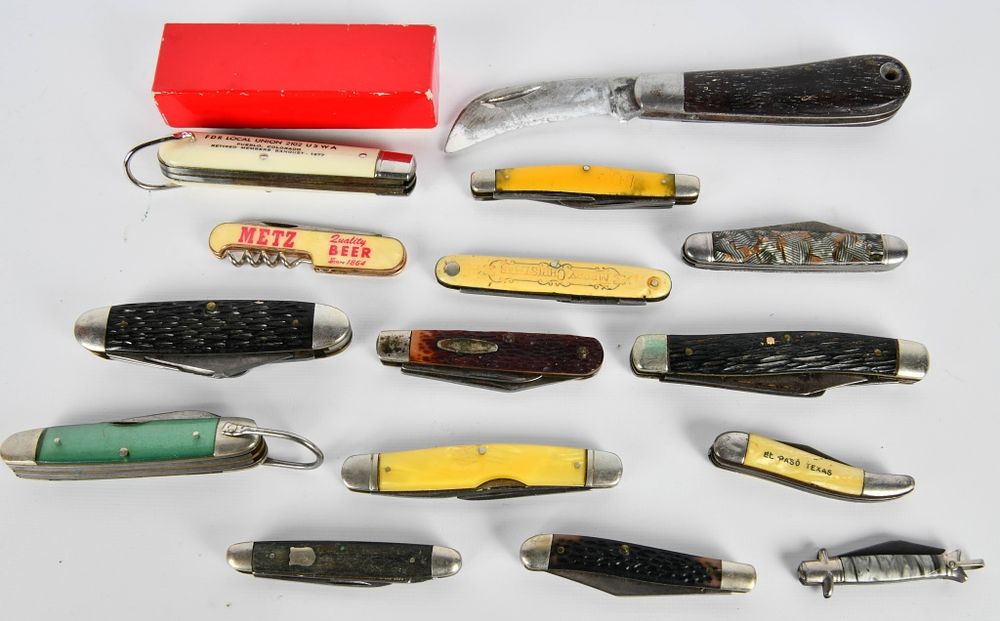 Lot 508: (14) various folding pocket knives in antique box