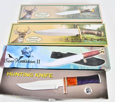 4 New In the Box Hunting Bowie Knives. 2 Whitetail Cutlery Bowie Knives, 1 Sam Houston II 15"