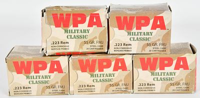 approx 85 rds .223 55 grain FMJ ammunition WPA. approx 85 rds .223 rem 55 grain full metal