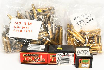 .338 Win Mag Empty Brass & Bullet Tips. 40 New Primed .338 Win Mag Empty Brass Casings , 107