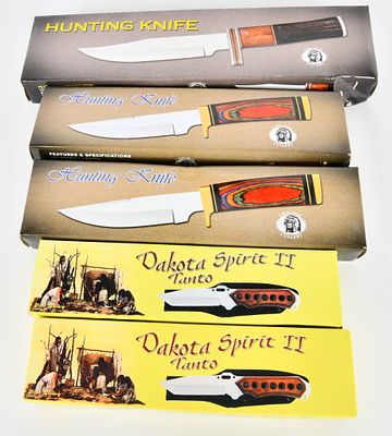 5 New In the Box Fixed Blade Knives. 2 9" Dakota Spirit II Tanto Knives With Nylon Sheaths, 2