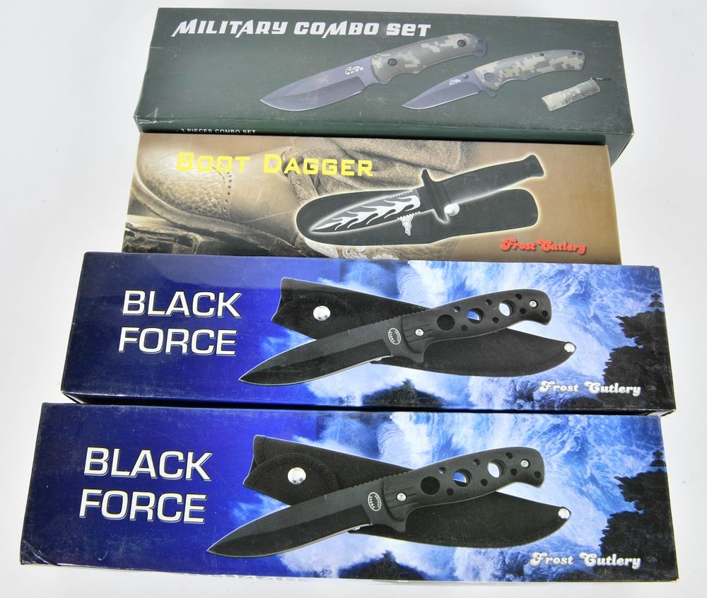 Lot 1076: 4 New In the Box Fixed Blade Knives W/ Sheaths