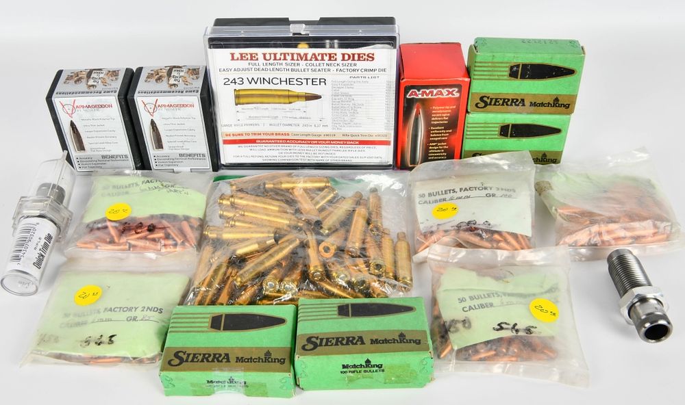 Lot 1168: Large Lot of 6mm Bullet Tips & .243 Win Brass