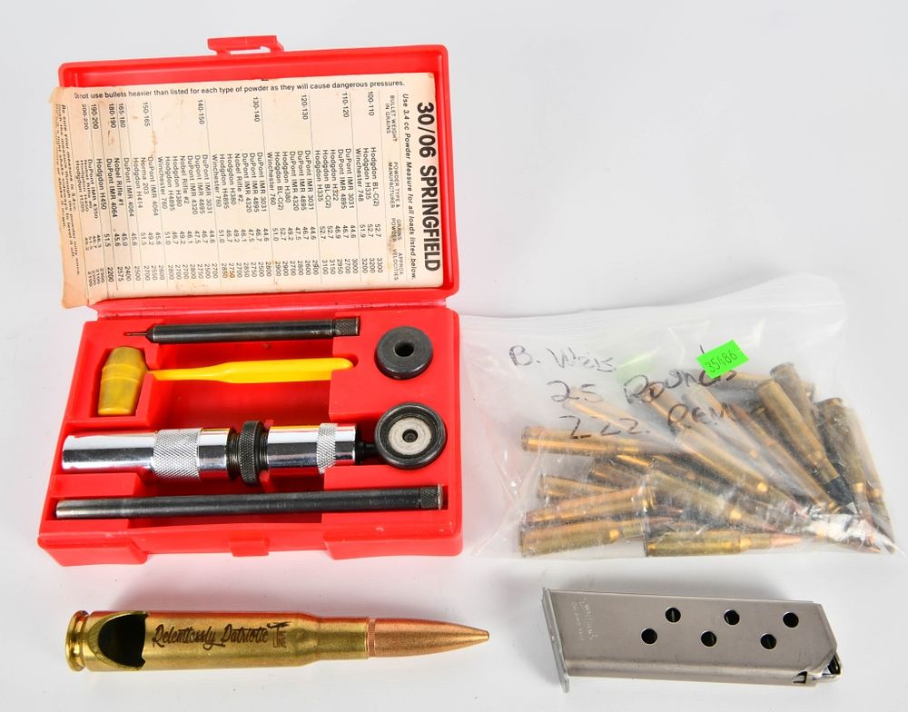 Lot 1201: Lee Reloader kit .30/06., 222 rem ammo, 50 cal Bot