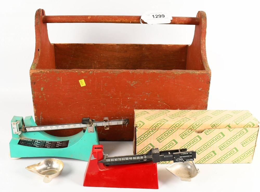 Lot 1299: 3 Reloading Gun Powder Scales W/ Wood Bin