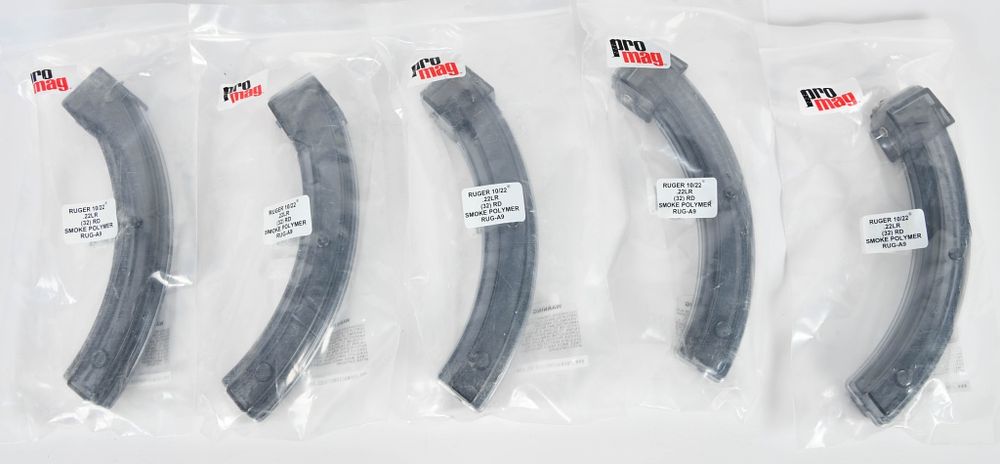 Lot 1382: (5) Pro Mag 10/22 .22 LR 32 rd Smoke Polymer Mags