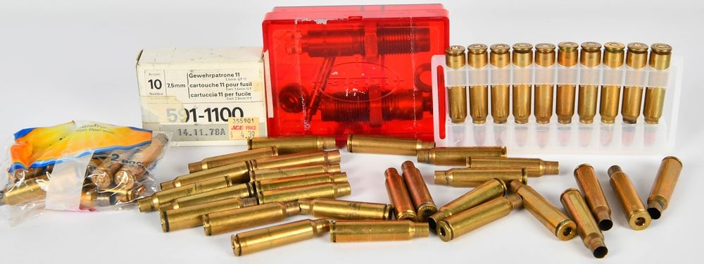Lot 1408: 7.5x55 Swiss Empty Brass & Reloading Dies