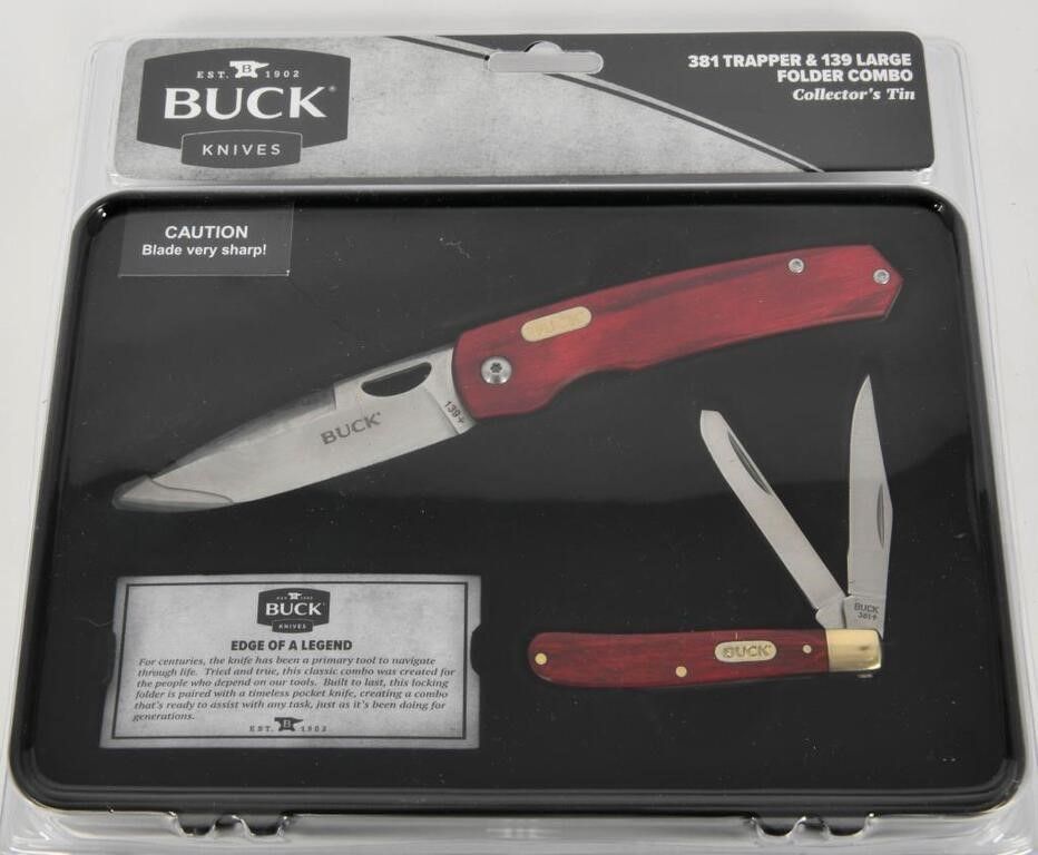 Lot 1599: NIB Buck 381 Trapper & 139 Folder Combo Knife Set