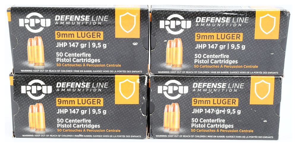 Lot 70: Prvi PPU 9mm Luger Ammunition Defense PPD92 147 Grain Jacketed Hollow Point, 200 Rounds