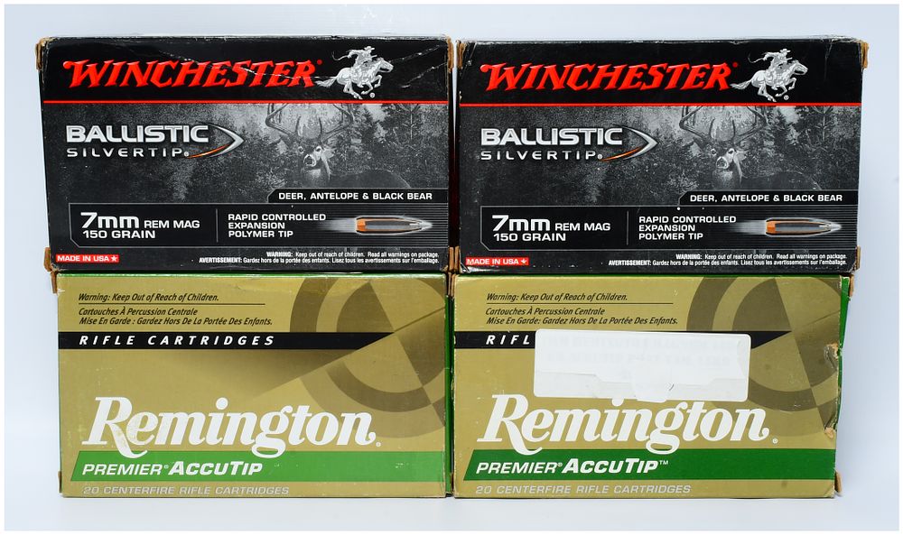 Lot 133: 75 Rounds of Winchester Ballistic Silvertip and Remington Premier AccuTip 7mm Remington Magnum 150 Grain Rifle Ammunition