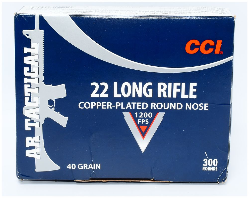 Lot 145: CCI AR Tactical .22 Long Rifle Ammunition, 300 Rounds, 40-Grain Copper-Plated Round Nose