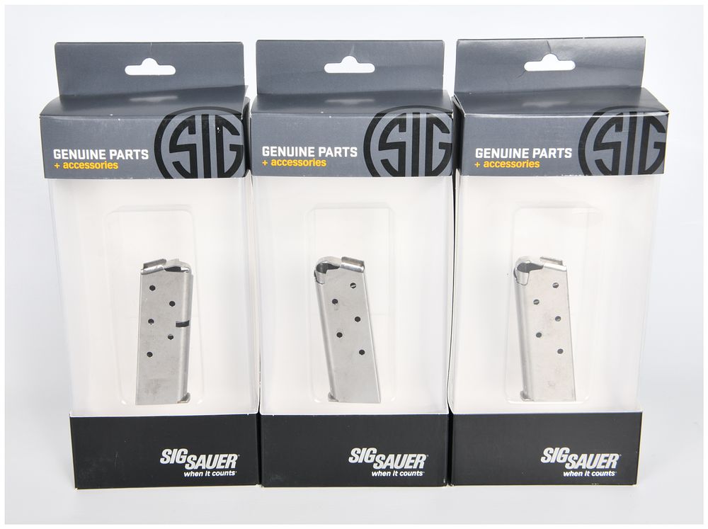 Lot 164: Three Sig Sauer P238 .380 ACP 6-Round Steel OEM Pistol Magazines, MAG-238-380-6