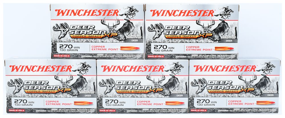Lot 169: Six Boxes Winchester Deer Season XP Copper Impact 270 Win 130 Grain Copper Extreme Point Ammunition, 100 Rounds