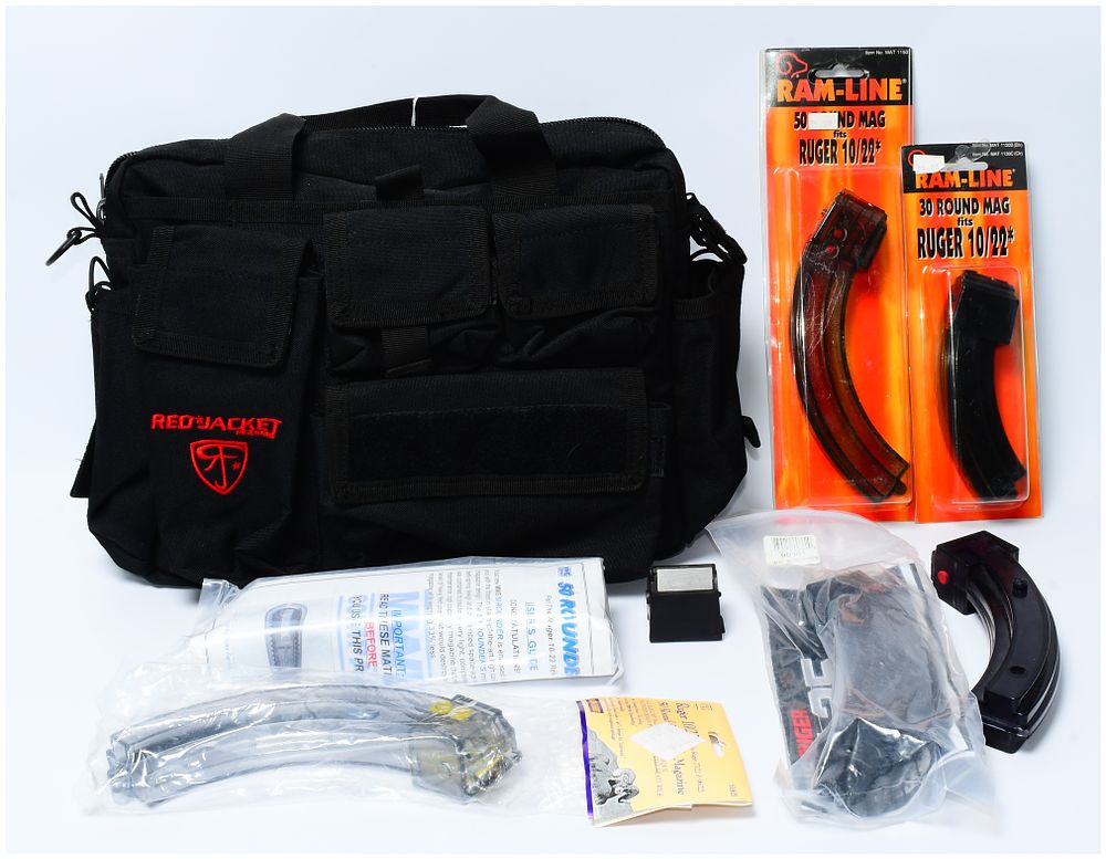 Lot 173: A Collection of RAM-LINE and Ruger 10/22 High-Capacity Magazines with a REDJACKET Tactical Carry Bag