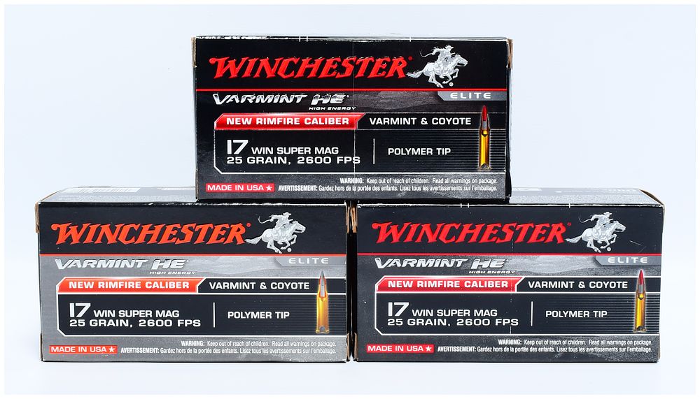 Lot 181: Three Boxes Winchester Varmint HE Elite .17 Winchester Super Magnum (WSM) 25 Grain Polymer Tip Ammunition, 150 Rounds