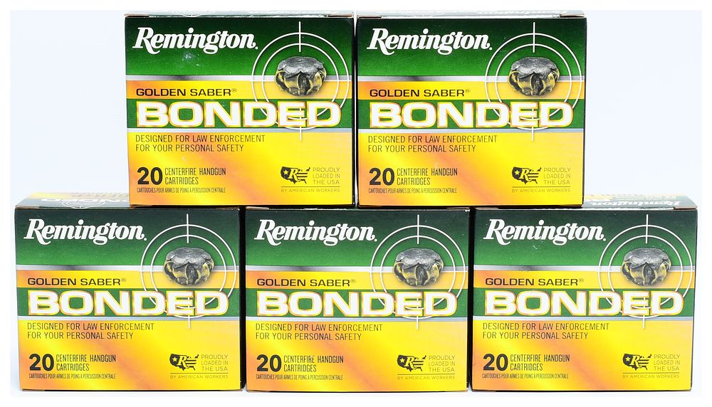 Lot 196: Remington Golden Saber Bonded 9mm Luger +P Ammunition 124 Grain Brass Jacketed Hollow Point, 100 Rounds
