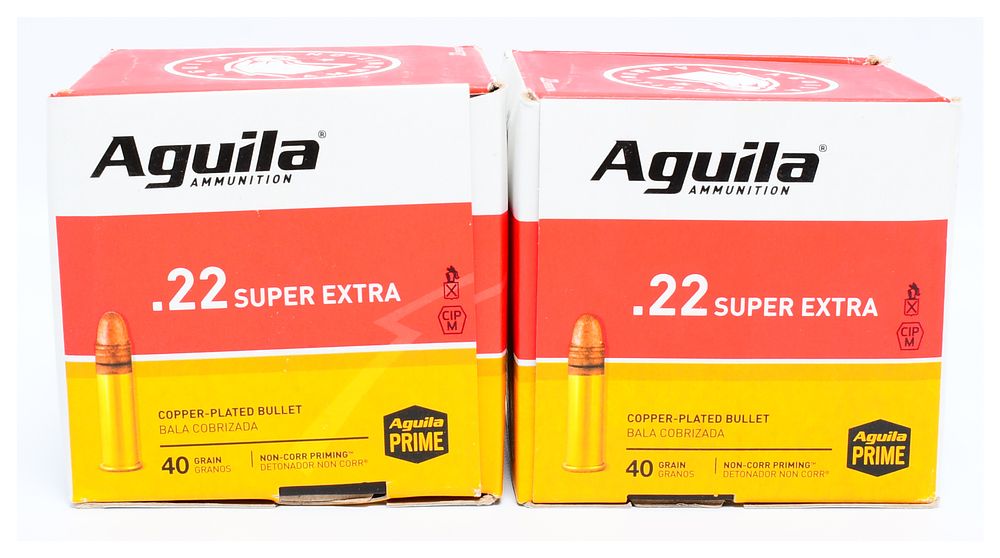 Lot 199: 1000 Rounds of Aguila Super Extra High Velocity .22 Long Rifle 40gr Copper Plated Solid Point Ammunition