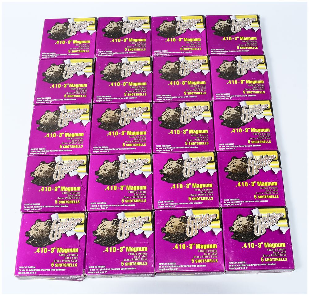 Lot 205: 100 Rounds Golden Bear .410-3" Magnum Buckshot Shotshells, Made in Russia