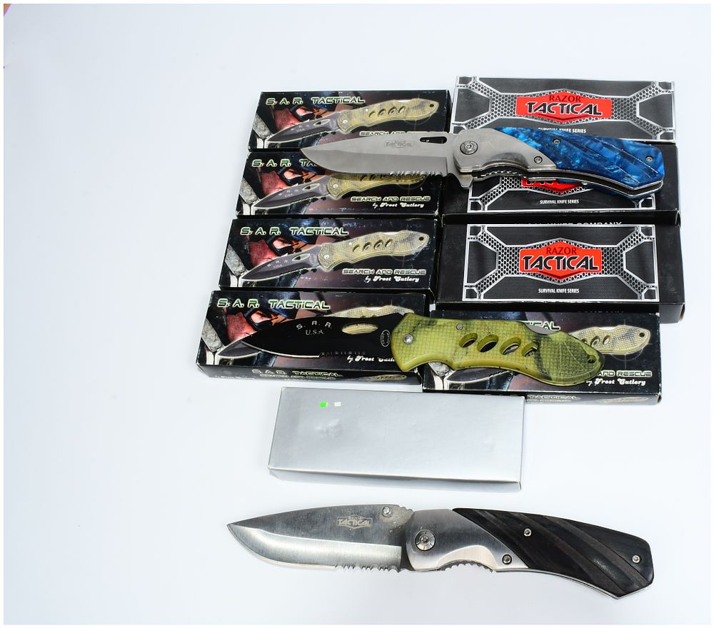 Lot 239: A Group of Nine Frost Cutlery S.A.R. Tactical and Razor Tactical Folding Knives
