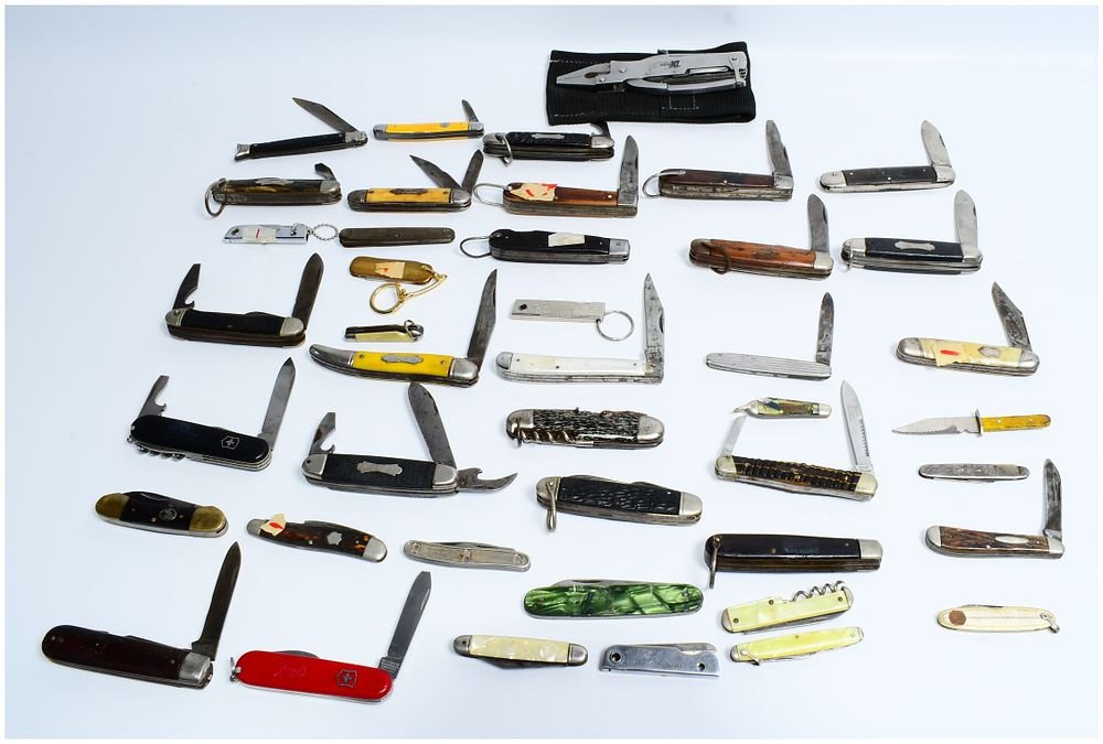 Lot 242: Approximately Forty Assorted Vintage and Modern Folding Pocket Knives, including Schrade, with One Gerber Multiplier Pro-XL Multi-Tool