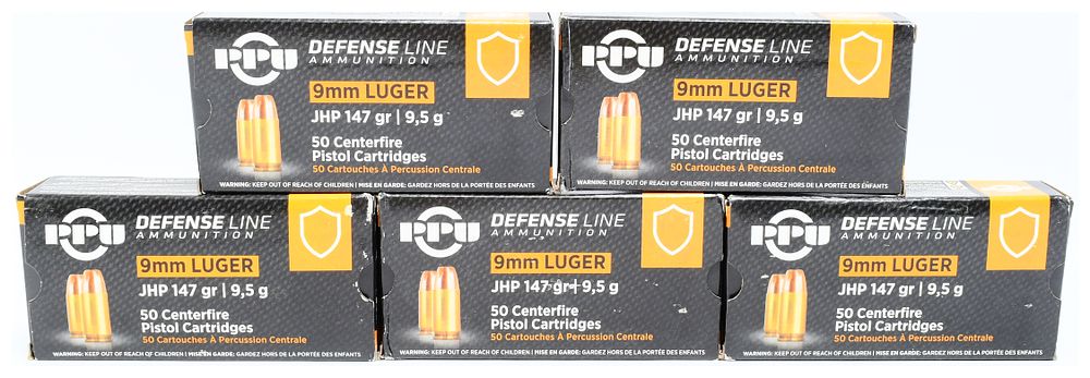 Lot 250: PPU Defense Line Ammunition 9mm Luger JHP 147 Grain - 250 Rounds