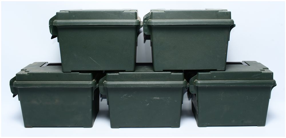 Lot 266: A Group of Five MTM-Style Dark Green Plastic Utility/Ammo Boxes