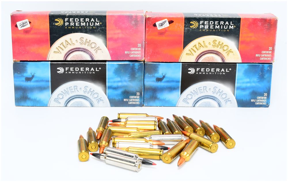 Lot 295: 105 Rounds Federal Premium Vital-Shok and Power-Shok 7mm Win. Short Mag. Ammunition