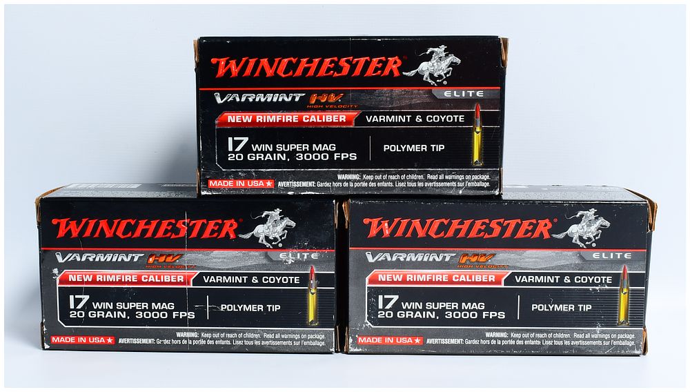 Lot 301: Winchester Varmint HV 17 Win Super Mag 20 Grain Polymer Tip Rimfire Ammunition, 150 Rounds