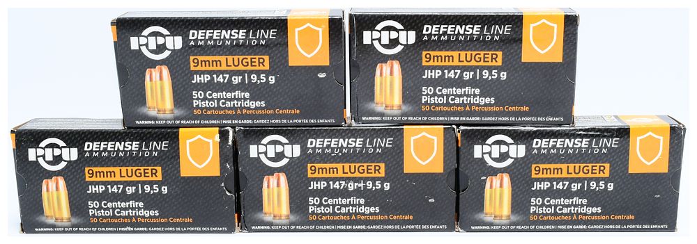 Lot 310: 250 Rounds Prvi PPU Defense Line 9mm Luger 147 gr JHP Centerfire Pistol Cartridges