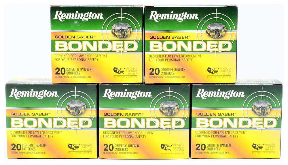 Lot 316: Remington Golden Saber Bonded 9mm LUGER+P 124 Grain BJHP Centerfire Handgun Cartridges, 100 Rounds