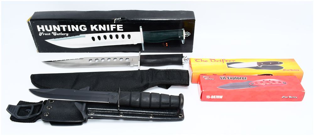 Lot 329: Five Frost Cutlery and Other Fixed-Blade Utility and Hunting Knives