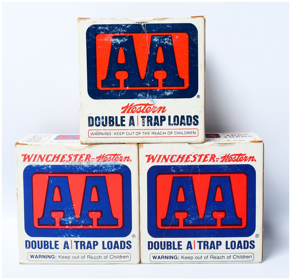 Lot 331: Three Vintage Winchester Western AA Double A Trap Loads 12 Gauge Shotgun Shell Boxes, 75 Rounds