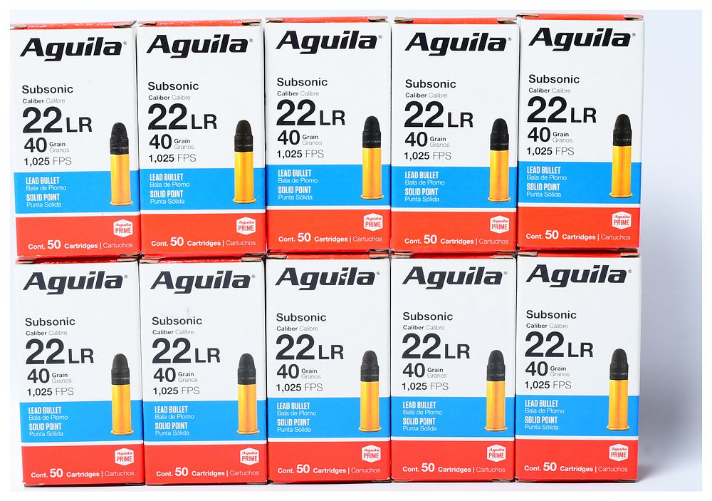 Lot 340: Aguila Subsonic .22LR 40 Grain Lead Bullet Solid Point Ammunition, 500 Rounds