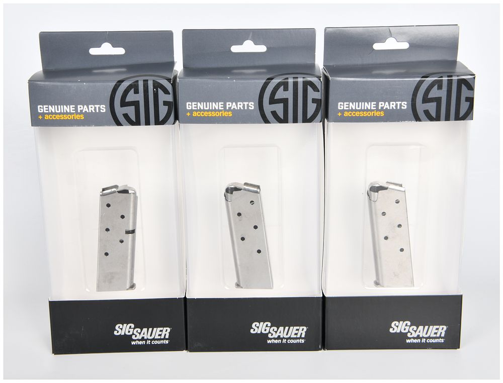 Lot 344: Three Sig Sauer P238 .380 ACP 6-Round Steel OEM Pistol Magazines, MAG-238-380-6