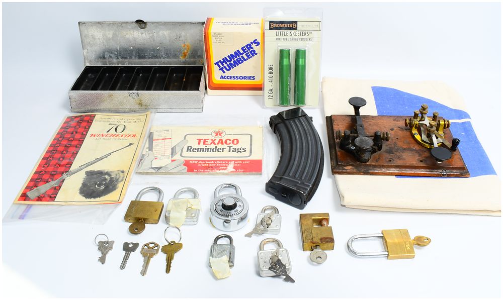Lot 347: Vintage Morse Code Telegraph Key and Receiver Set with a Collection of Firearm Accessories, Security Locks, and Promotional Items