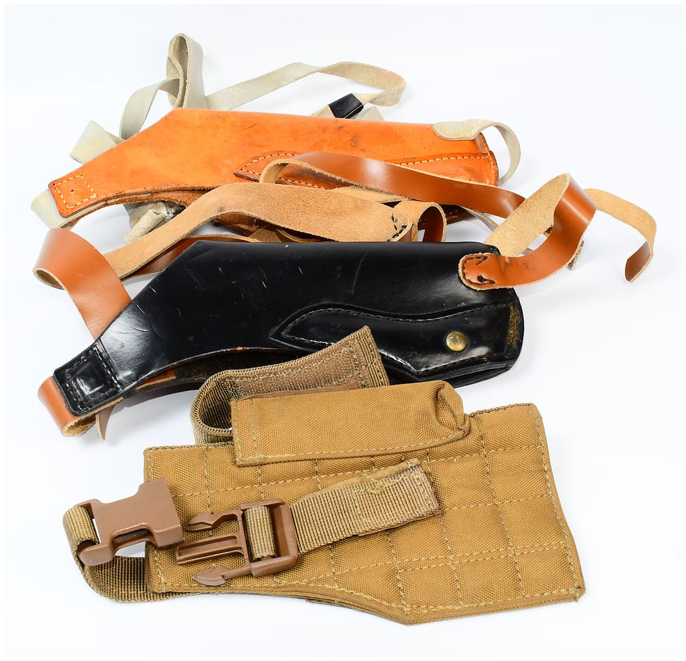 Lot 368: Three Holsters, including Vintage Hunter-Style Leather Shoulder Holsters and a Modern Tactical Holster