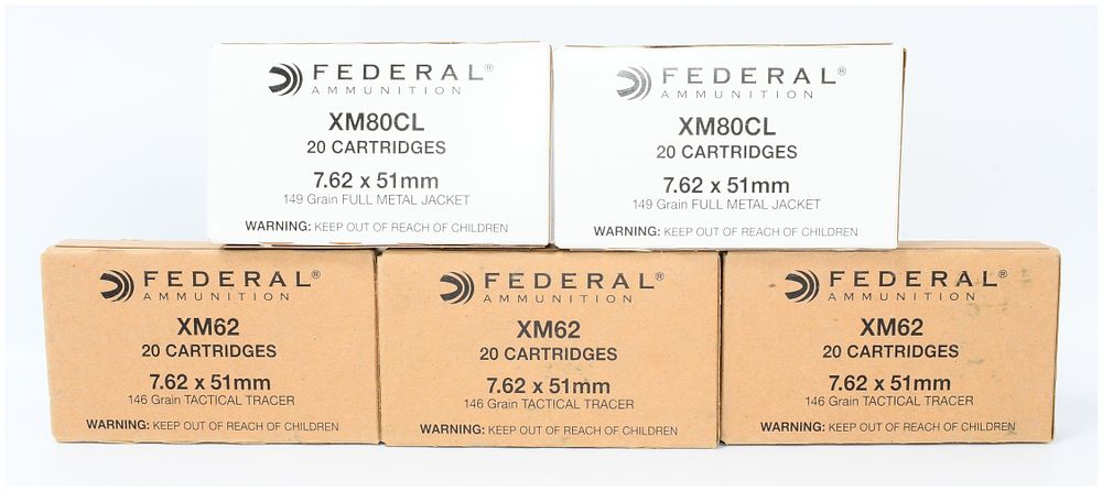 Lot 388: Federal 7.62x51mm Ammunition: XM80CL FMJ and XM62 Tactical Tracer, 100 Rounds Total