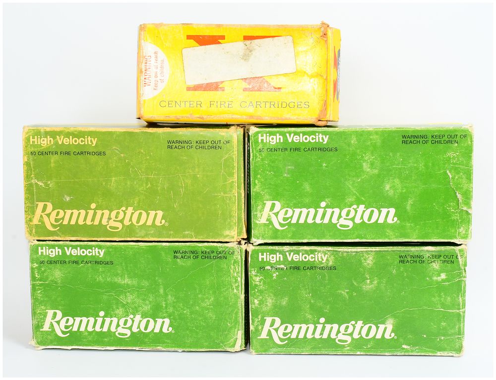 Lot 394: 250 Rounds of Remanufactured Mixed Head Stamped Center Fire Ammunition, with Remington High Velocity Boxes