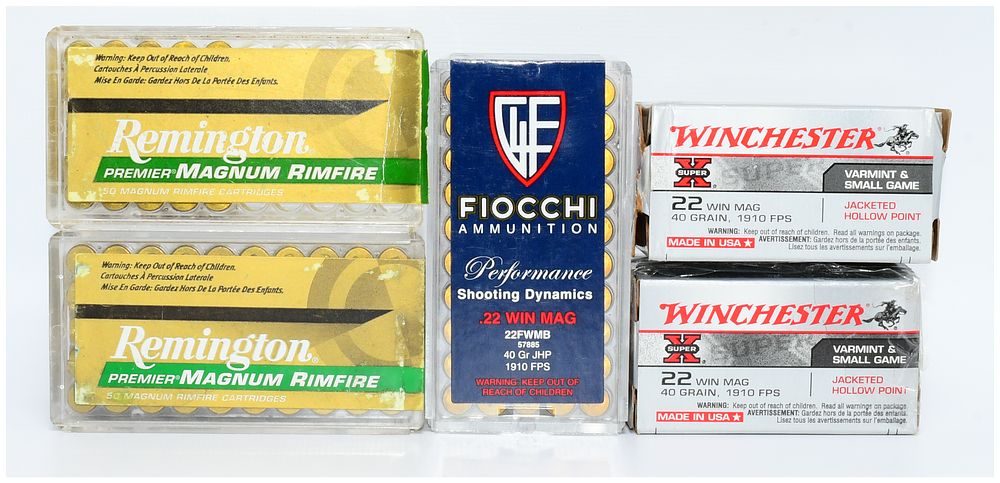 Lot 403: 224 Rounds of .22 Winchester Magnum Rimfire Ammunition by Fiocchi, Remington, and Winchester