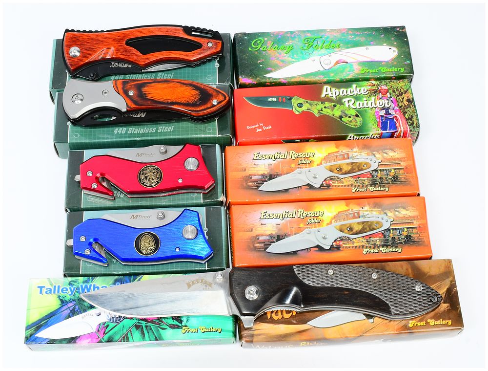 Lot 419: Ten Contemporary Folding Knives by Various Makers, New in Original Retail Packaging