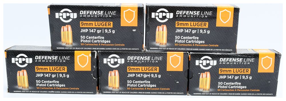 Lot 430: Prvi Partizan PPU Defense Line 9mm Luger 147 Grain Jacketed Hollow Point (JHP) Ammunition, 250 Rounds