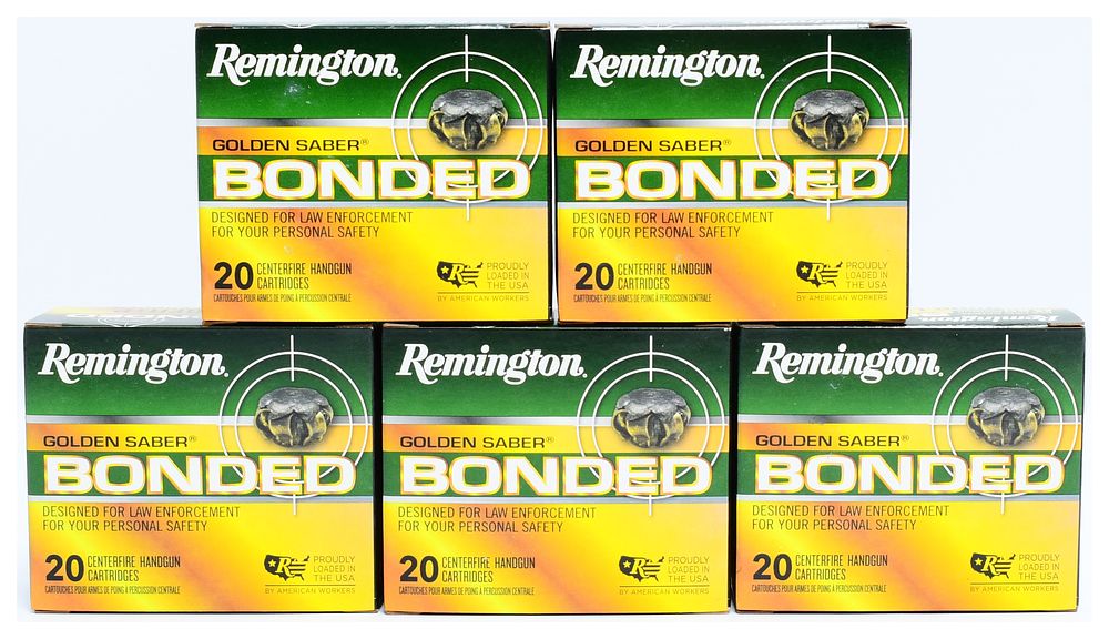 Lot 436: A Lot of 100 Rounds Remington Golden Saber Bonded 9mm Luger +P 124 Grain BJHP Ammunition